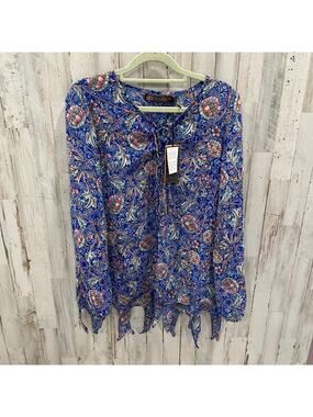 New QED London Royal Blue Floral Sheer Blouse Fringe Hem Womens Size 8